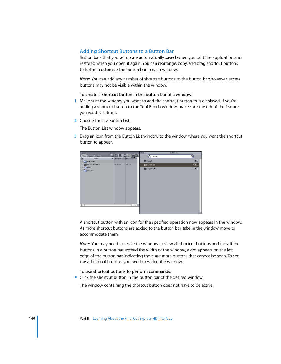 Adding shortcut buttons to a button bar | Apple Final Cut Express HD User Manual | Page 140 / 1153