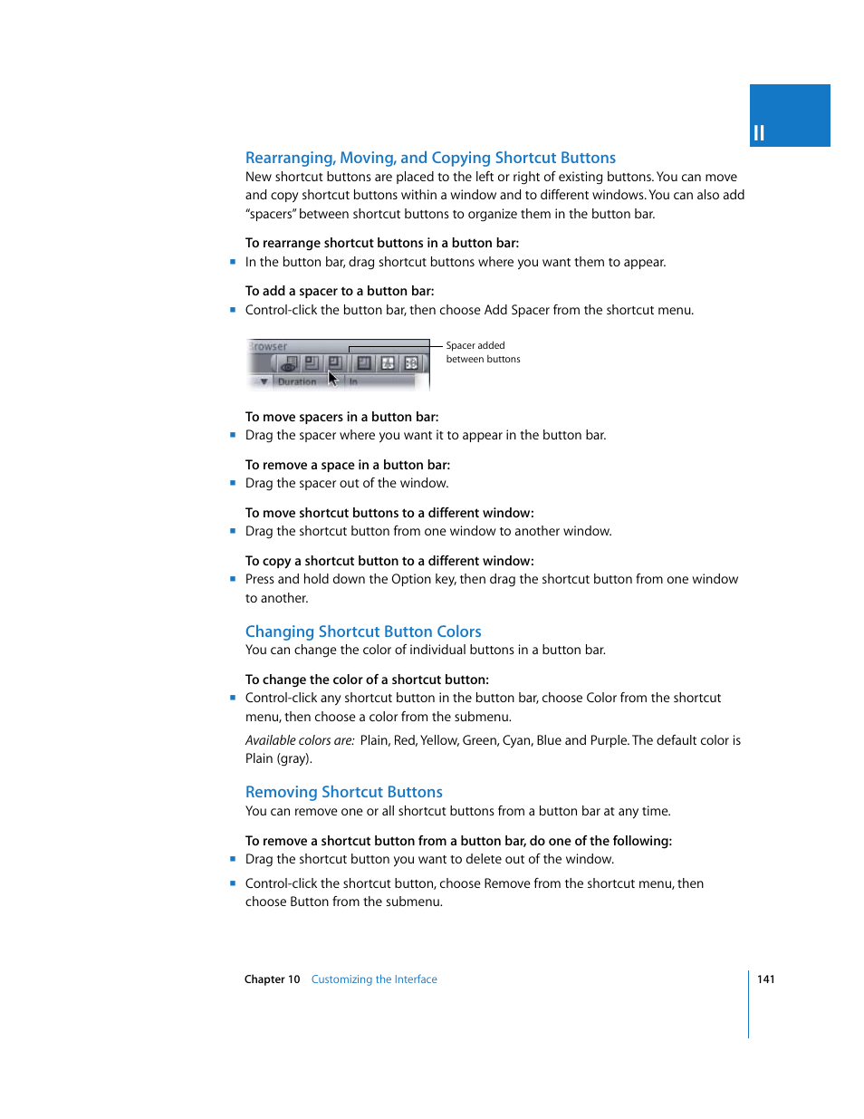Rearranging, moving, and copying shortcut buttons, Changing shortcut button colors, Removing shortcut buttons | E (see, Removing shortcut, Buttons | Apple Final Cut Express HD User Manual | Page 141 / 1153