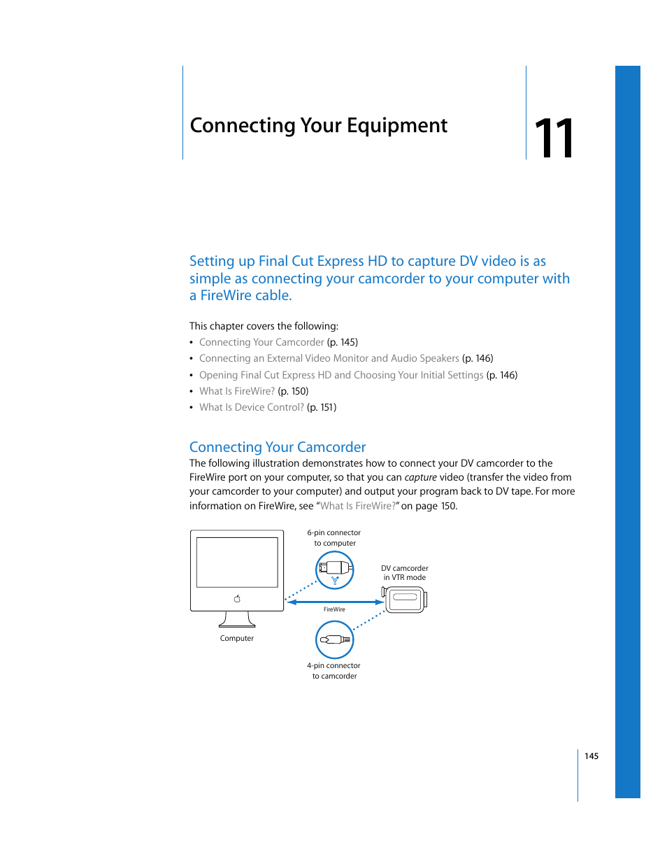 Connecting your equipment, Connecting your camcorder, Chapter 11 | Apple Final Cut Express HD User Manual | Page 145 / 1153