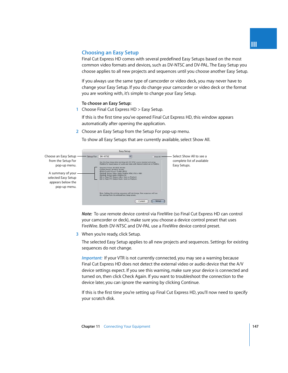 Choosing an easy setup | Apple Final Cut Express HD User Manual | Page 147 / 1153