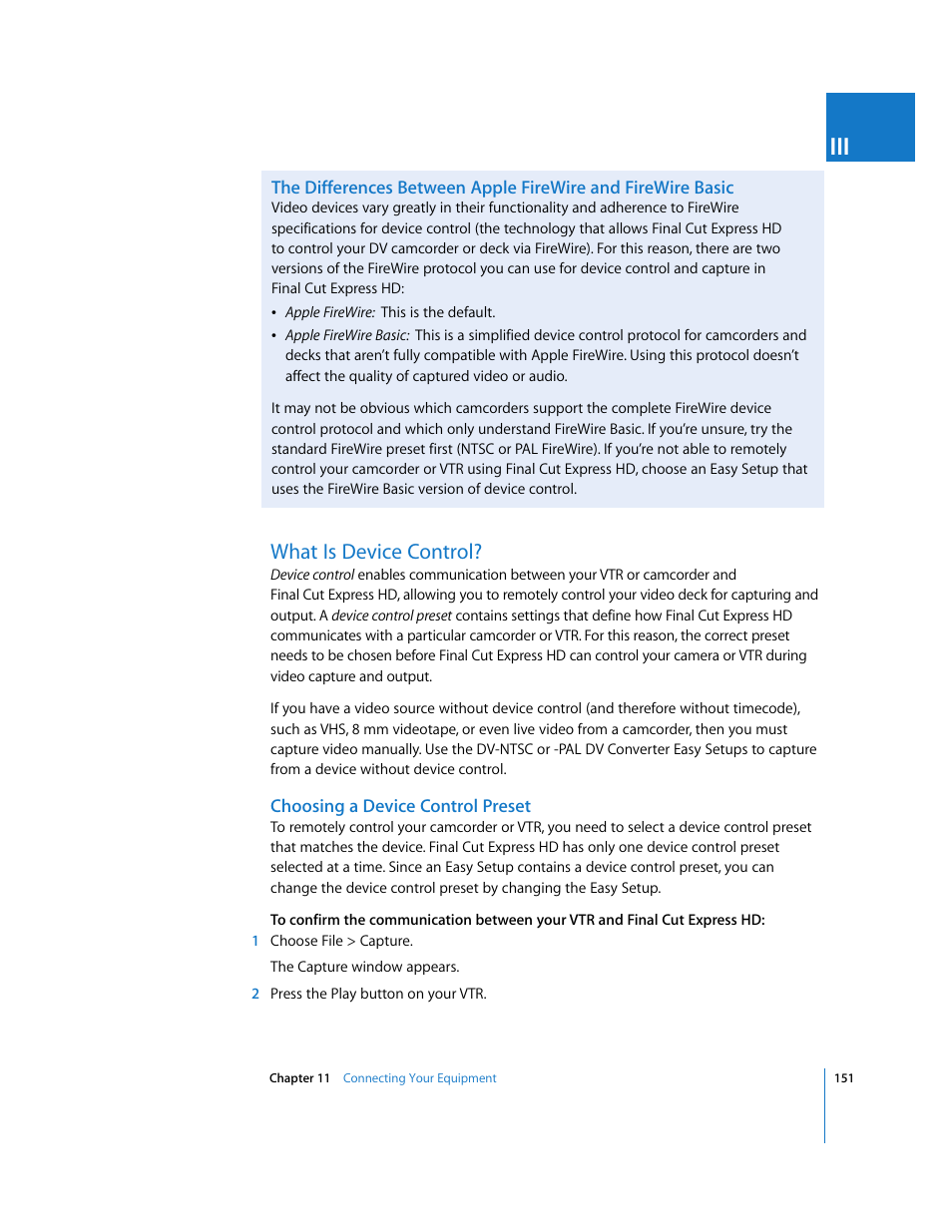 What is device control, Choosing a device control preset, P. 151) | Apple Final Cut Express HD User Manual | Page 151 / 1153