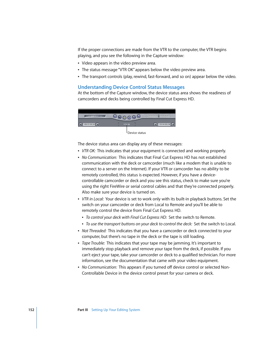 Understanding device control status messages | Apple Final Cut Express HD User Manual | Page 152 / 1153