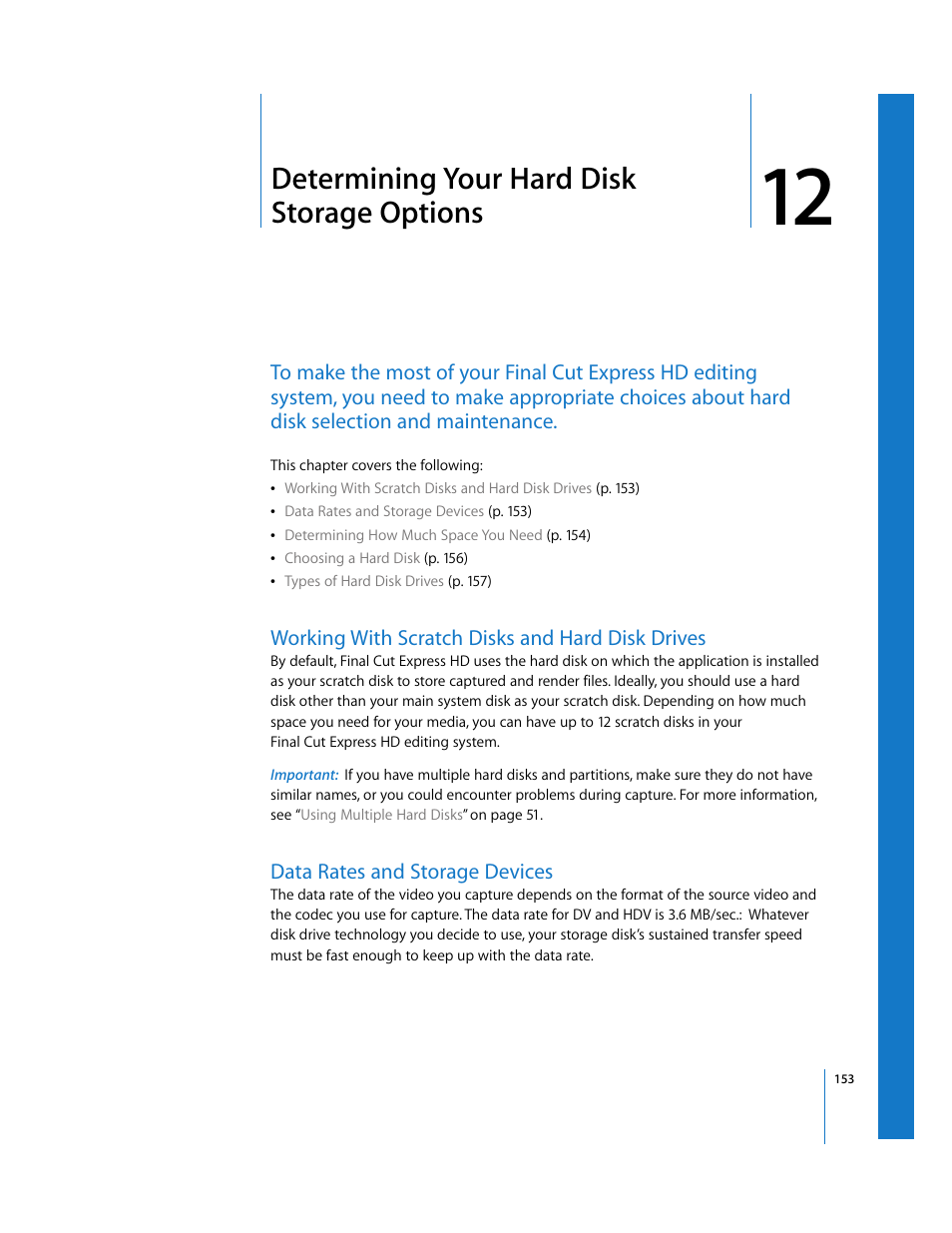 Determining your hard disk storage options, Working with scratch disks and hard disk drives, Data rates and storage devices | Chapter 12 | Apple Final Cut Express HD User Manual | Page 153 / 1153