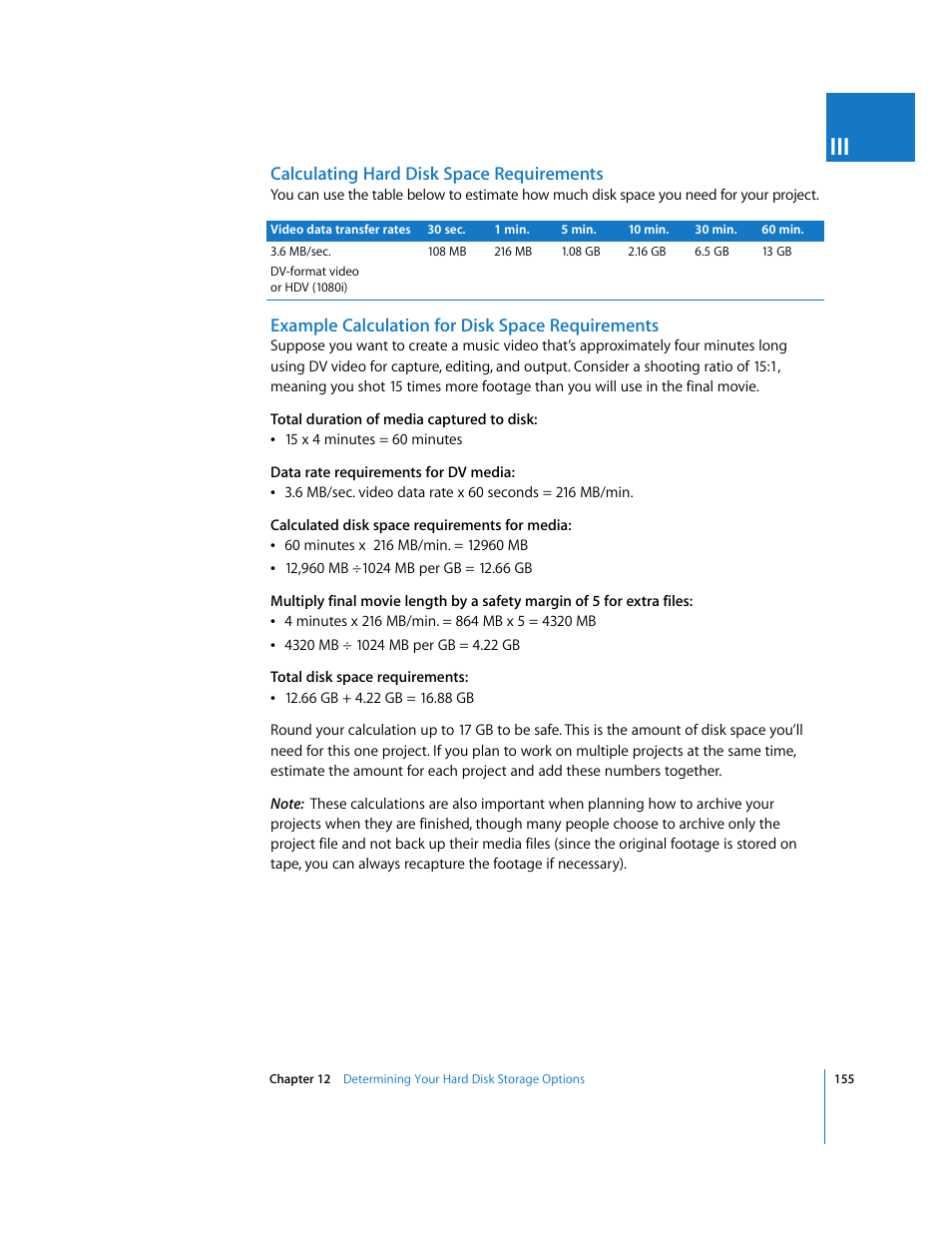 Calculating hard disk space requirements, Example calculation for disk space requirements | Apple Final Cut Express HD User Manual | Page 155 / 1153