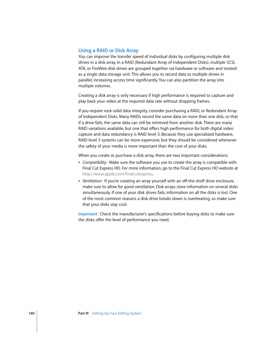 Using a raid or disk array | Apple Final Cut Express HD User Manual | Page 160 / 1153