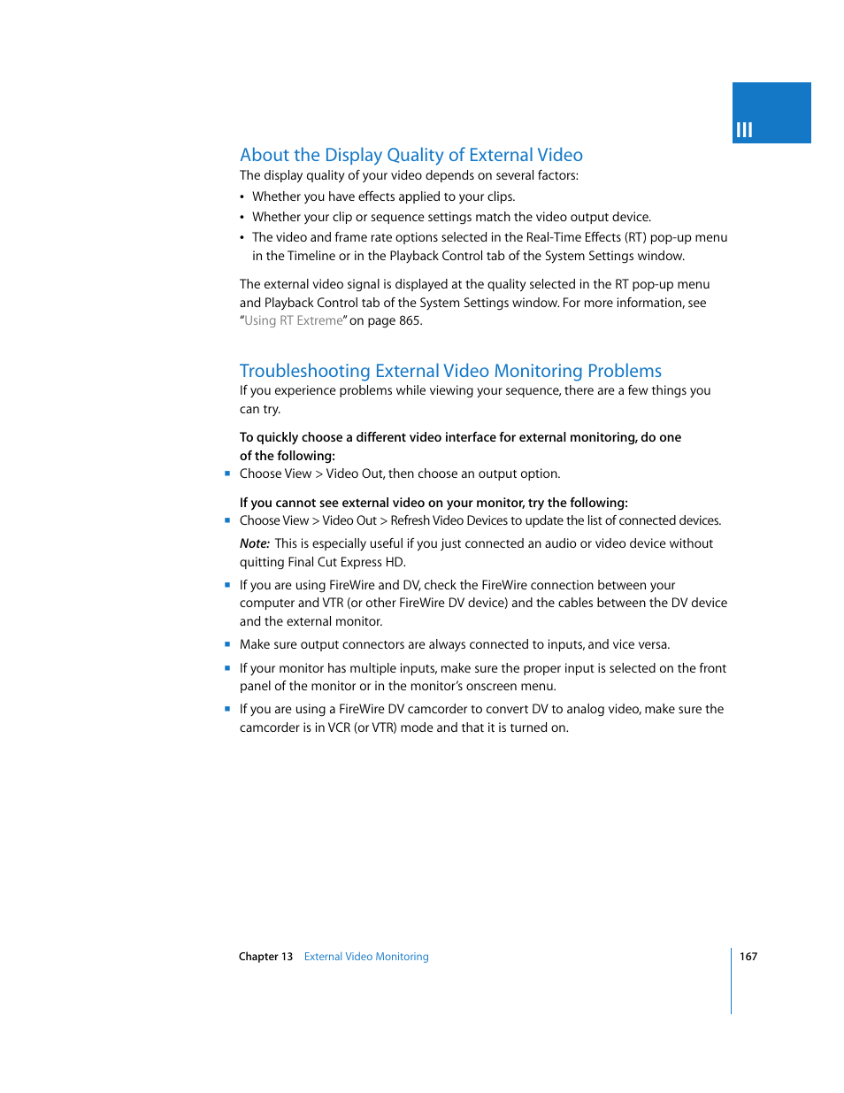 About the display quality of external video, Troubleshooting external video monitoring problems, P. 167) | Apple Final Cut Express HD User Manual | Page 167 / 1153