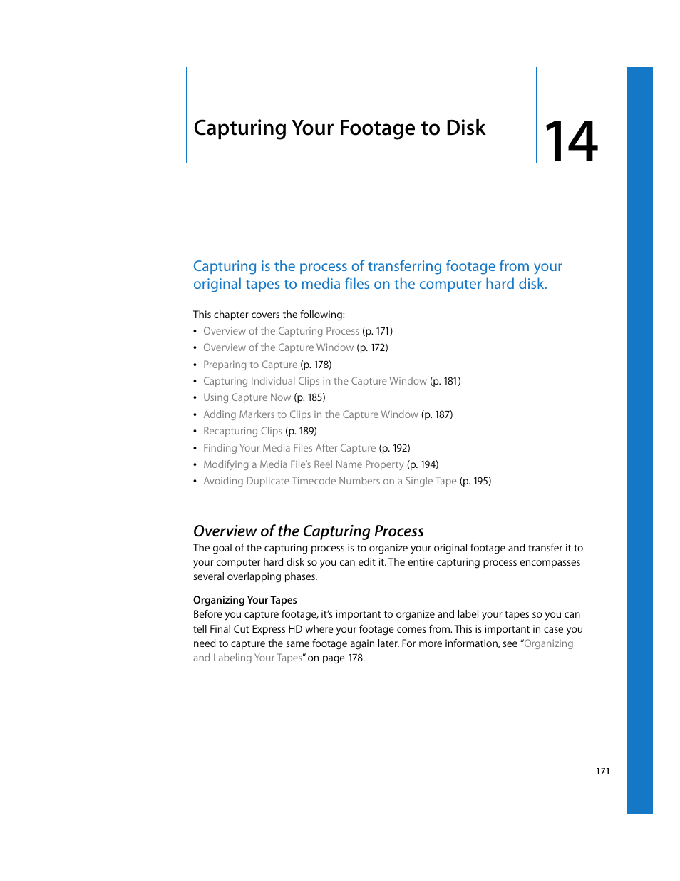 Capturing your footage to disk, Overview of the capturing process, Chapter 14 | Apple Final Cut Express HD User Manual | Page 171 / 1153