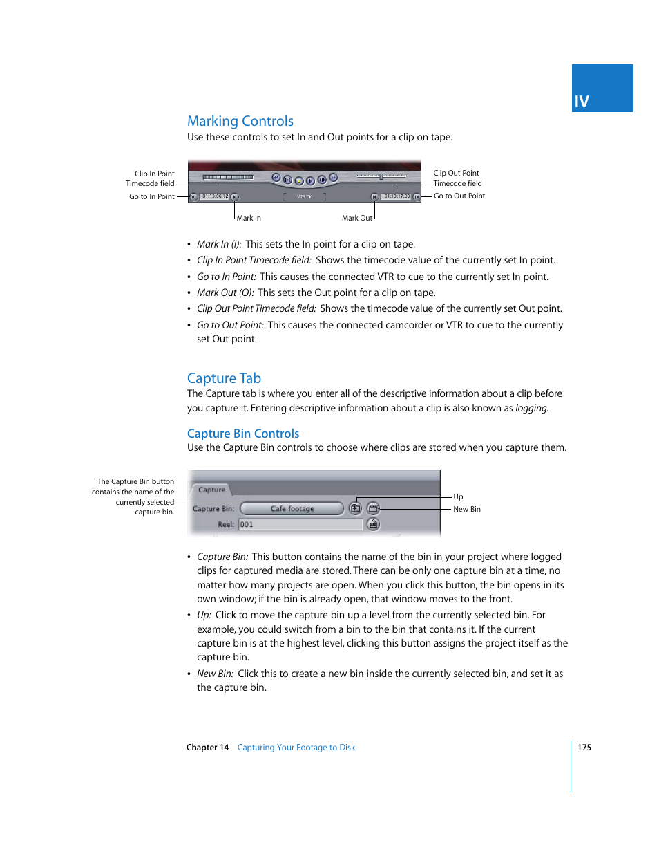 Marking controls, Capture tab, Capture bin controls | Apple Final Cut Express HD User Manual | Page 175 / 1153