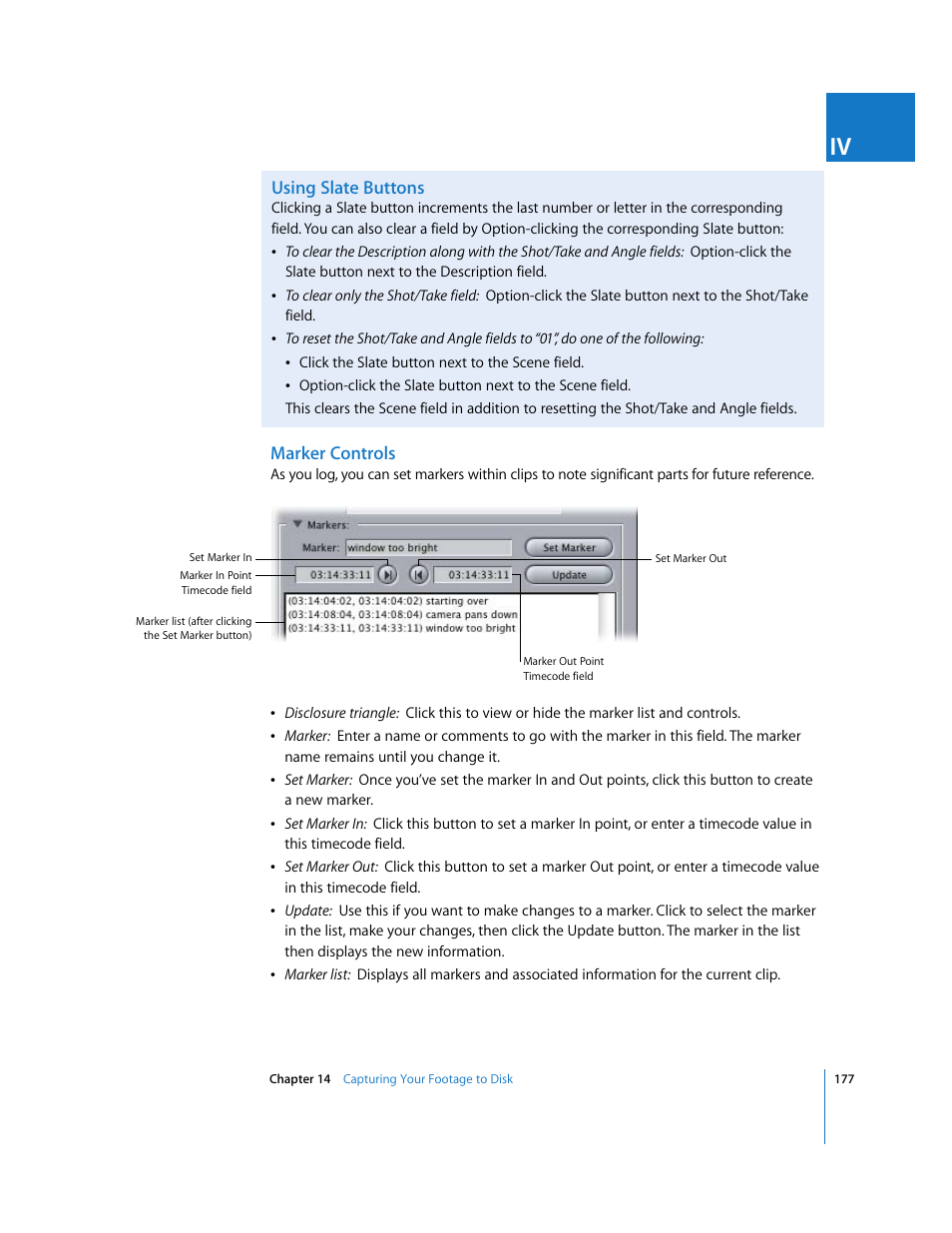 Using slate buttons, Marker controls | Apple Final Cut Express HD User Manual | Page 177 / 1153