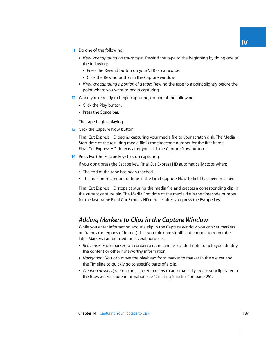 Adding markers to clips in the capture window, P. 187) | Apple Final Cut Express HD User Manual | Page 187 / 1153