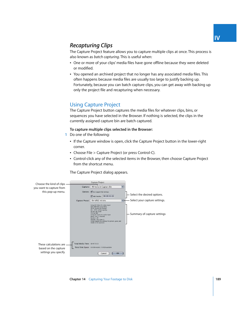 Recapturing clips, Using capture project, P. 189) | Apple Final Cut Express HD User Manual | Page 189 / 1153