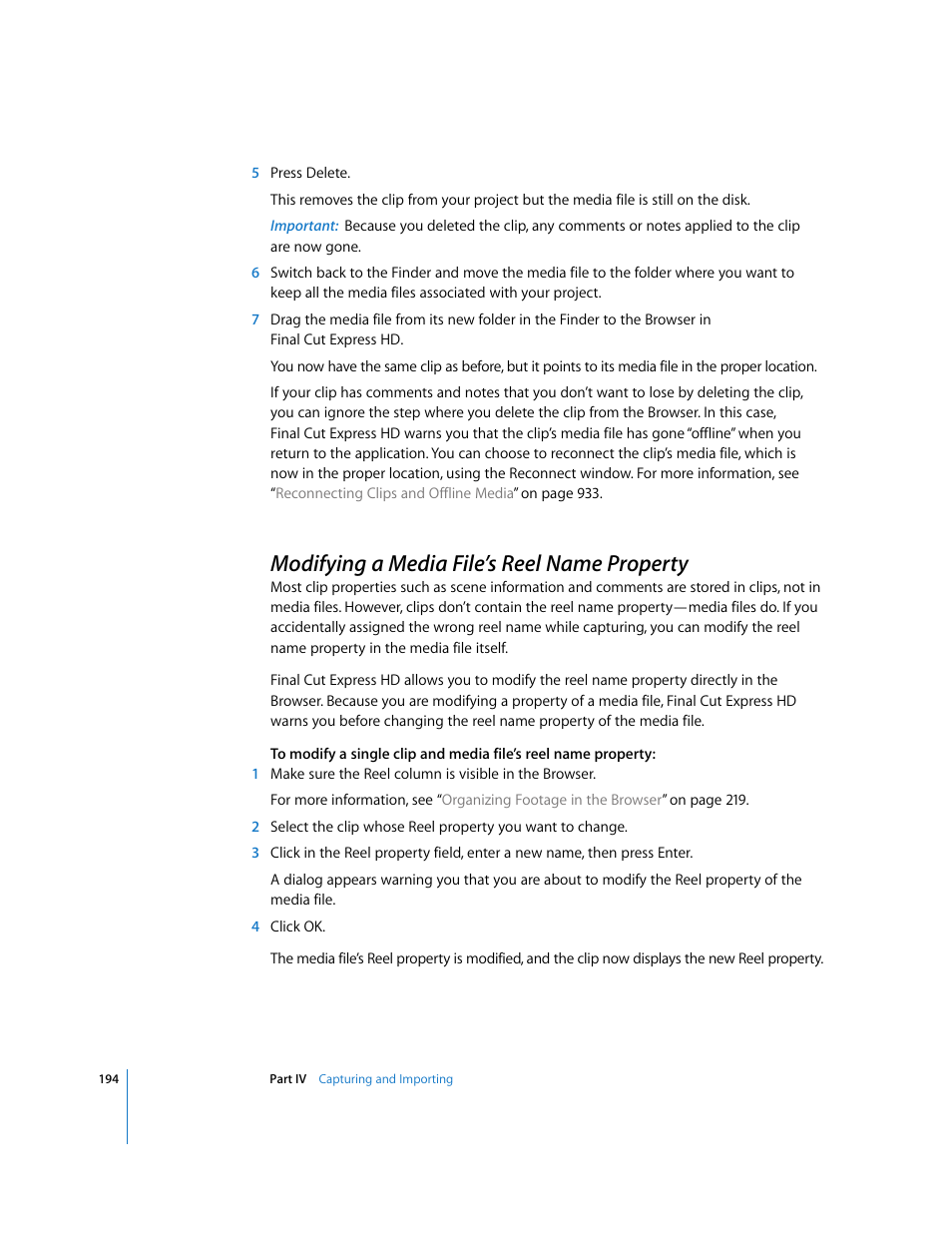 Modifying a media file’s reel name property, P. 194) | Apple Final Cut Express HD User Manual | Page 194 / 1153