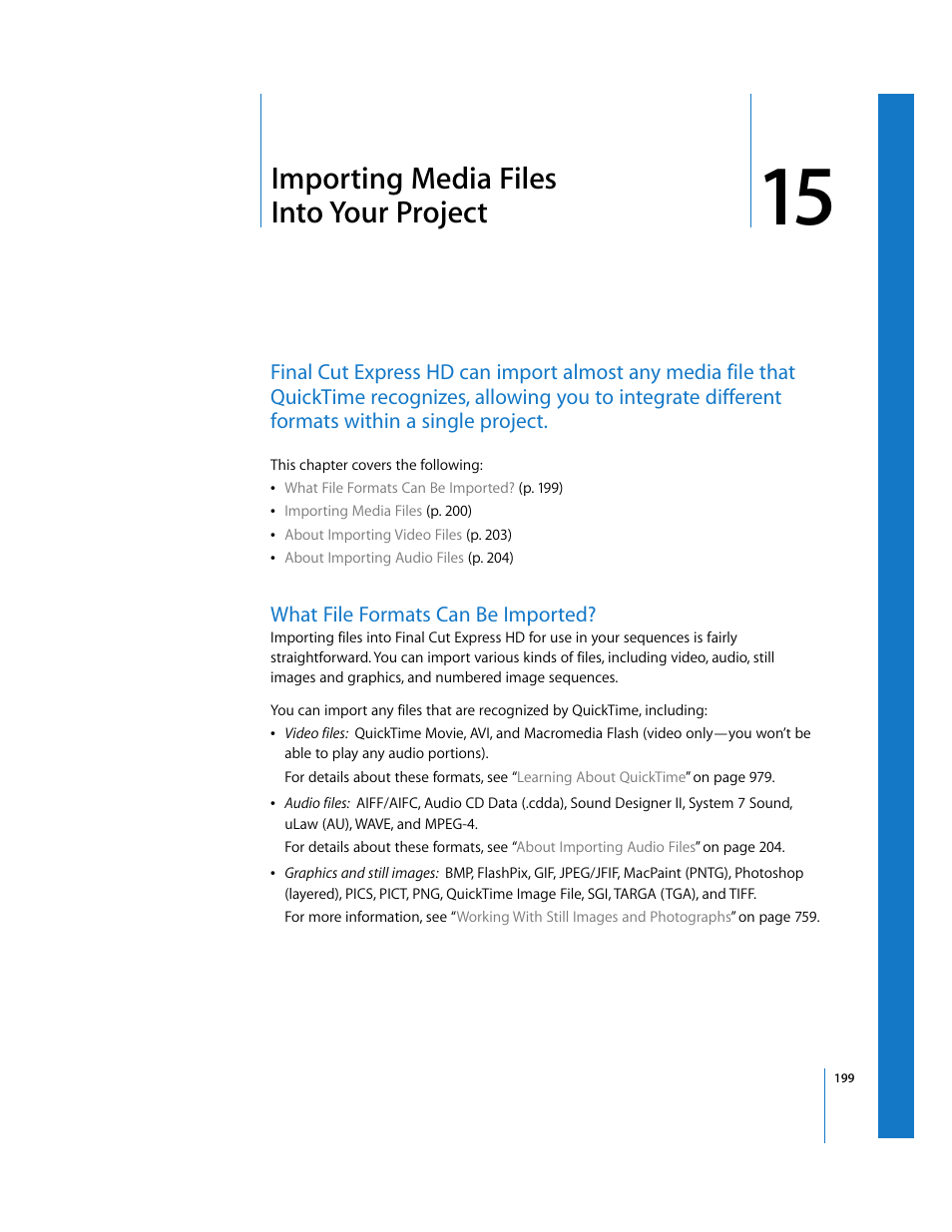 Importing media files into your project, What file formats can be imported, Chapter 15 | Apple Final Cut Express HD User Manual | Page 199 / 1153