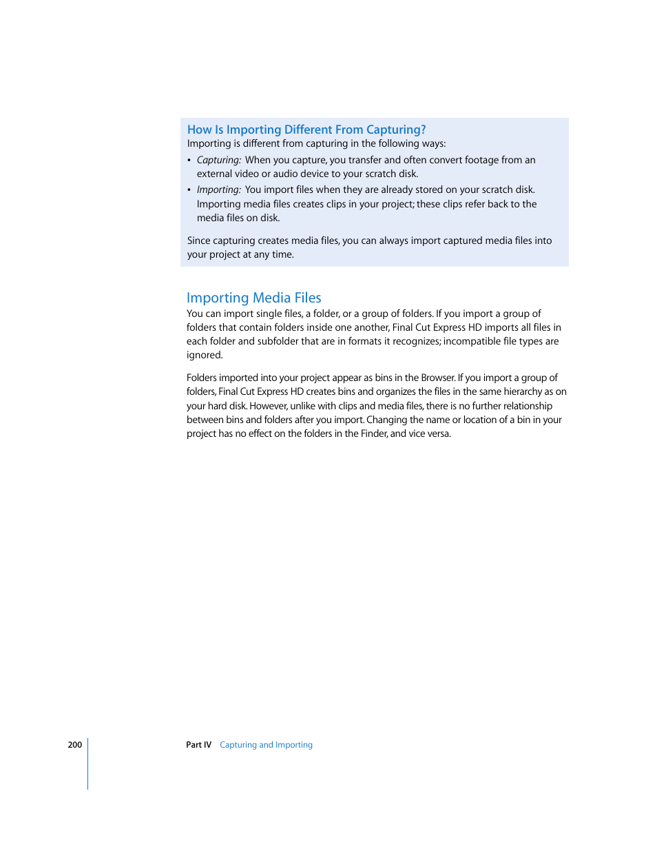 How is importing different from capturing, Importing media files, P. 200) | Apple Final Cut Express HD User Manual | Page 200 / 1153