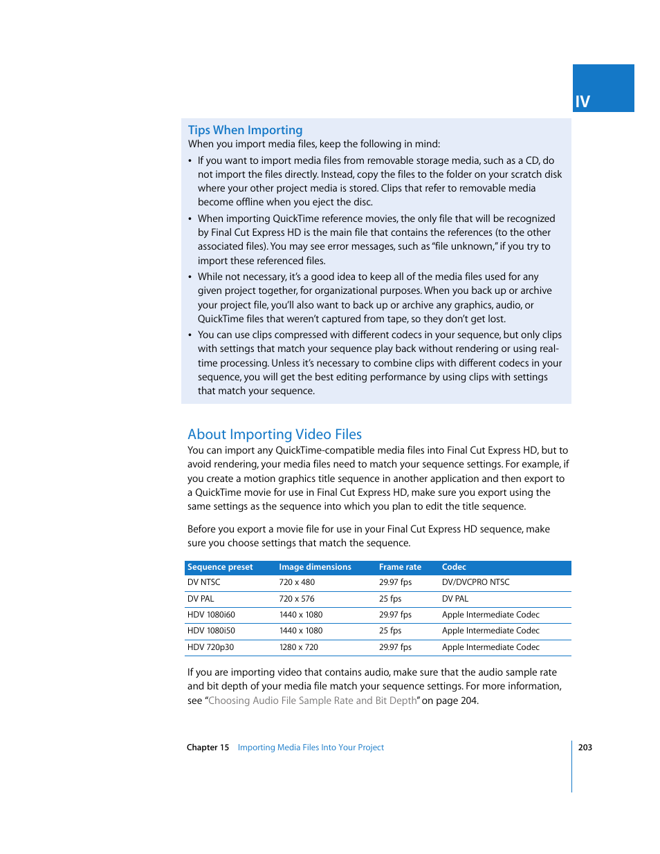 Tips when importing, About importing video files, P. 203) | Apple Final Cut Express HD User Manual | Page 203 / 1153
