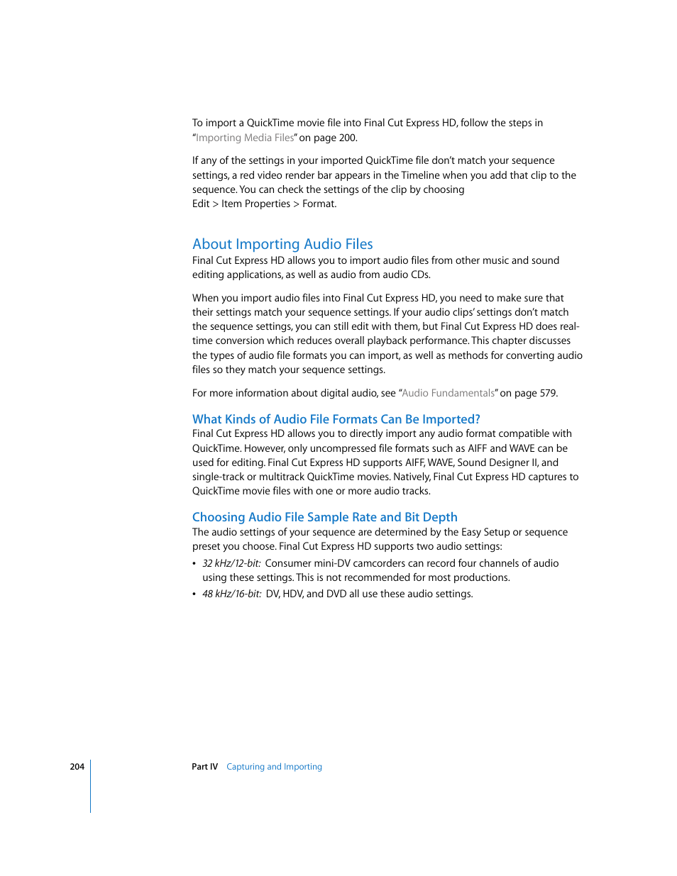 About importing audio files, What kinds of audio file formats can be imported, Choosing audio file sample rate and bit depth | P. 204) | Apple Final Cut Express HD User Manual | Page 204 / 1153