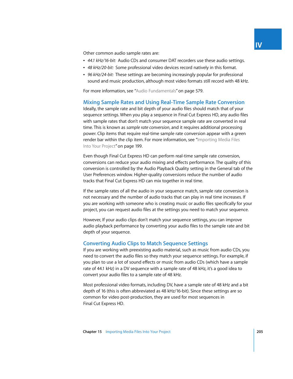 Converting audio clips to match sequence settings | Apple Final Cut Express HD User Manual | Page 205 / 1153