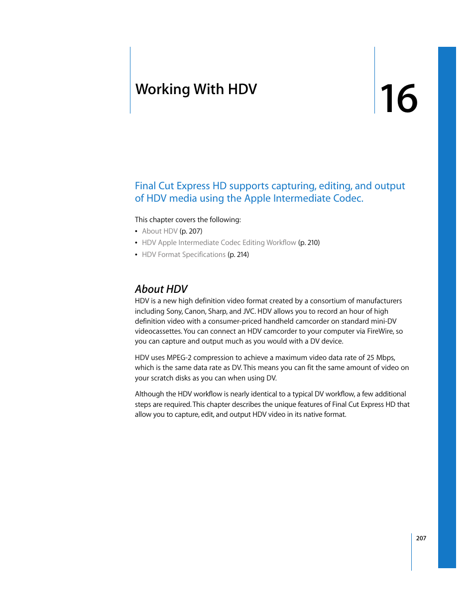 Working with hdv, About hdv, Chapter 16 | Apple Final Cut Express HD User Manual | Page 207 / 1153