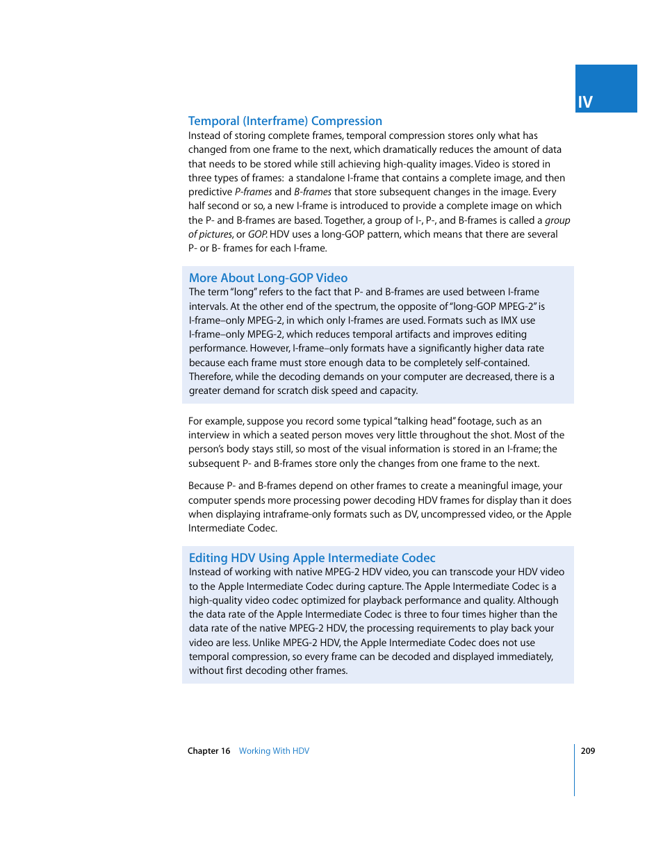 Temporal (interframe) compression, More about long-gop video, Editing hdv using apple intermediate codec | Apple Final Cut Express HD User Manual | Page 209 / 1153