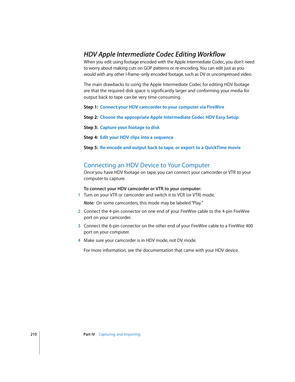 Hdv apple intermediate codec editing workflow, Connecting an hdv device to your computer, P. 210) | Apple Final Cut Express HD User Manual | Page 210 / 1153