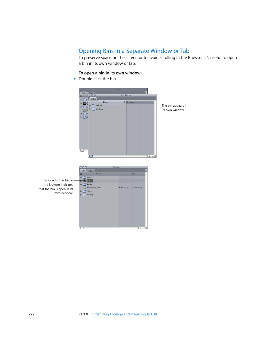 Opening bins in a separate window or tab | Apple Final Cut Express HD User Manual | Page 222 / 1153