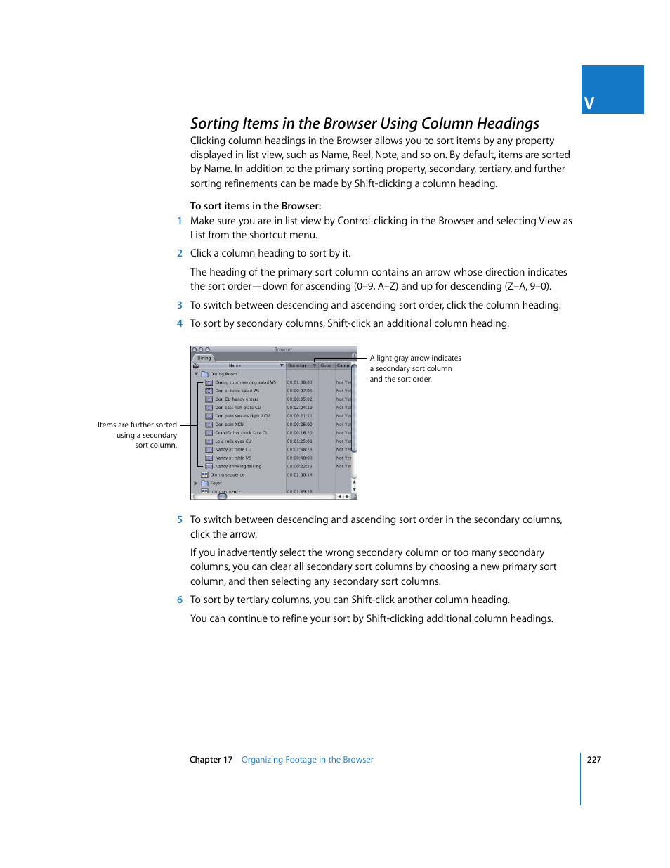 Sorting items in the browser using column headings, P. 227) | Apple Final Cut Express HD User Manual | Page 227 / 1153