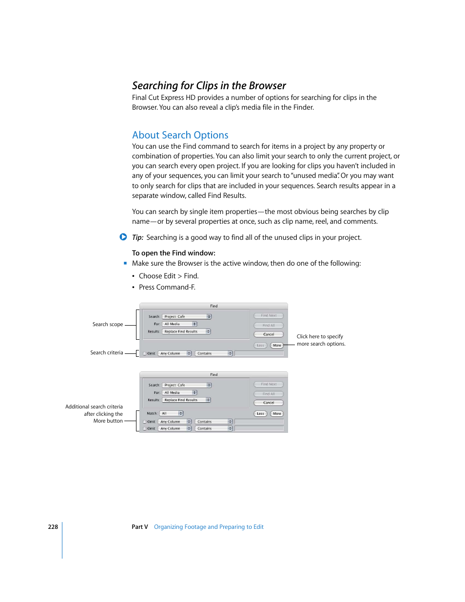 Searching for clips in the browser, About search options, P. 228) | Apple Final Cut Express HD User Manual | Page 228 / 1153