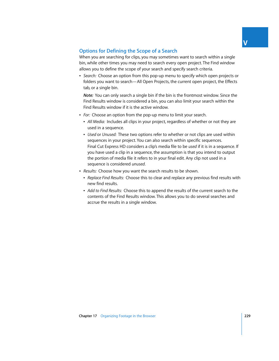 Options for defining the scope of a search | Apple Final Cut Express HD User Manual | Page 229 / 1153
