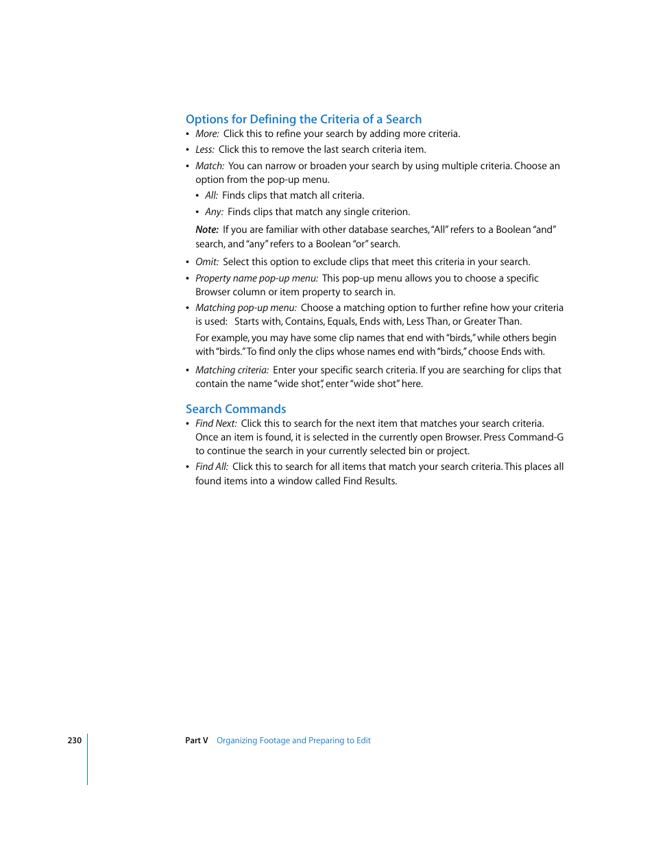 Options for defining the criteria of a search, Search commands | Apple Final Cut Express HD User Manual | Page 230 / 1153