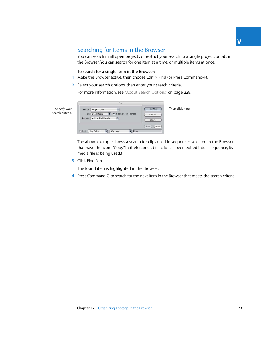 Searching for items in the browser | Apple Final Cut Express HD User Manual | Page 231 / 1153