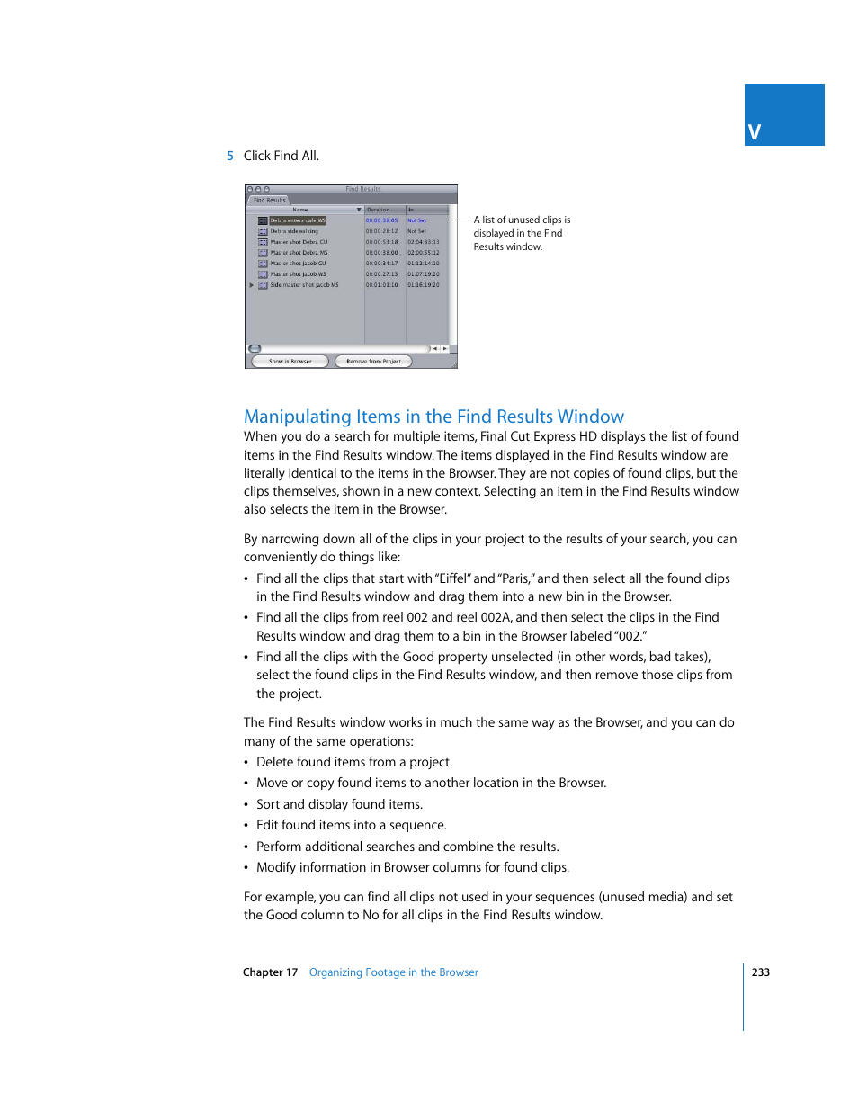 Manipulating items in the find results window | Apple Final Cut Express HD User Manual | Page 233 / 1153