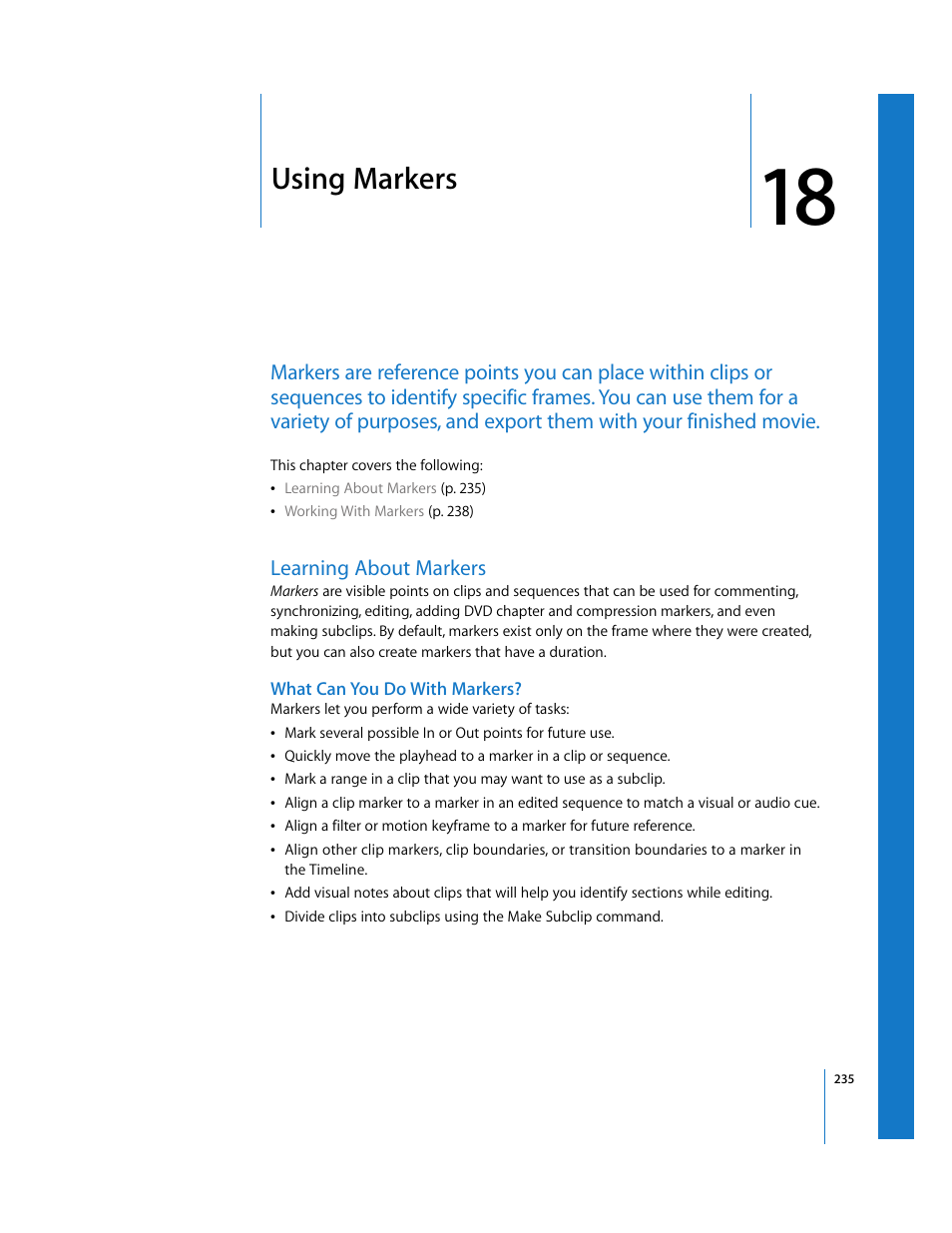 Using markers, Learning about markers, What can you do with markers | Chapter 18 | Apple Final Cut Express HD User Manual | Page 235 / 1153