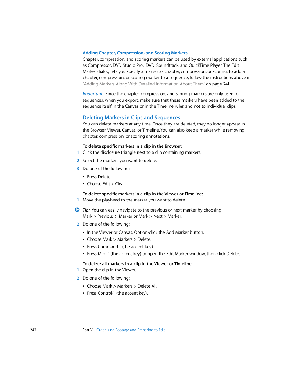 Deleting markers in clips and sequences | Apple Final Cut Express HD User Manual | Page 242 / 1153