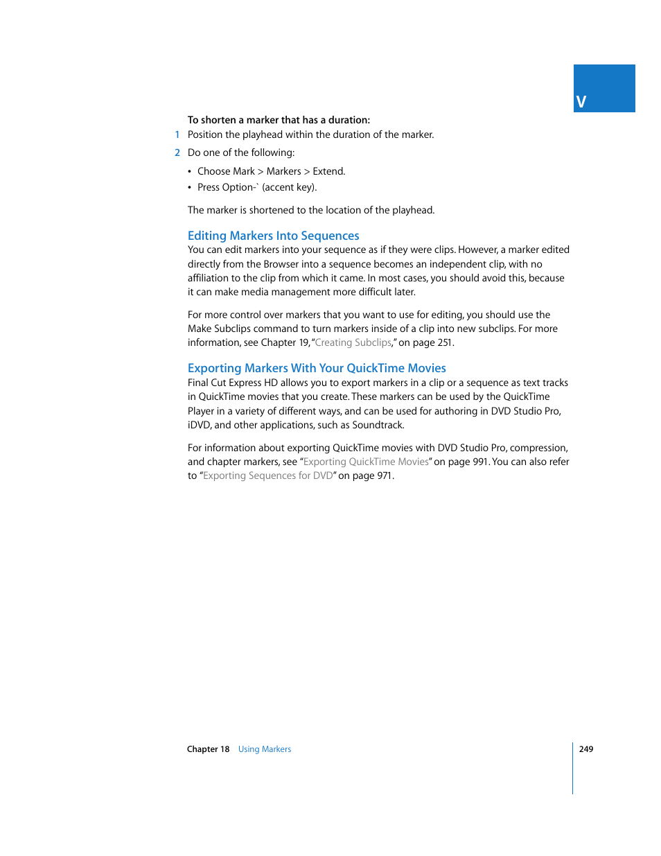 Editing markers into sequences, Exporting markers with your quicktime movies | Apple Final Cut Express HD User Manual | Page 249 / 1153