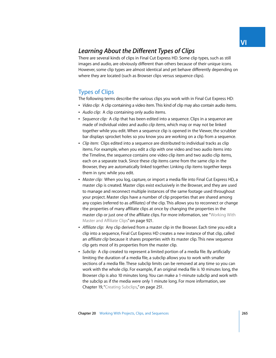 Learning about the different types of clips, Types of clips, P. 265) | Apple Final Cut Express HD User Manual | Page 265 / 1153