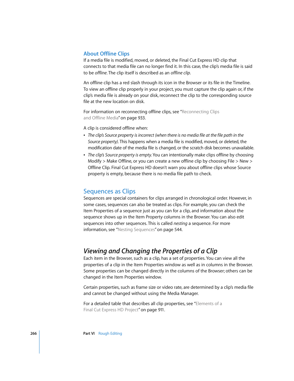 About offline clips, Sequences as clips, Viewing and changing the properties of a clip | P. 266) | Apple Final Cut Express HD User Manual | Page 266 / 1153