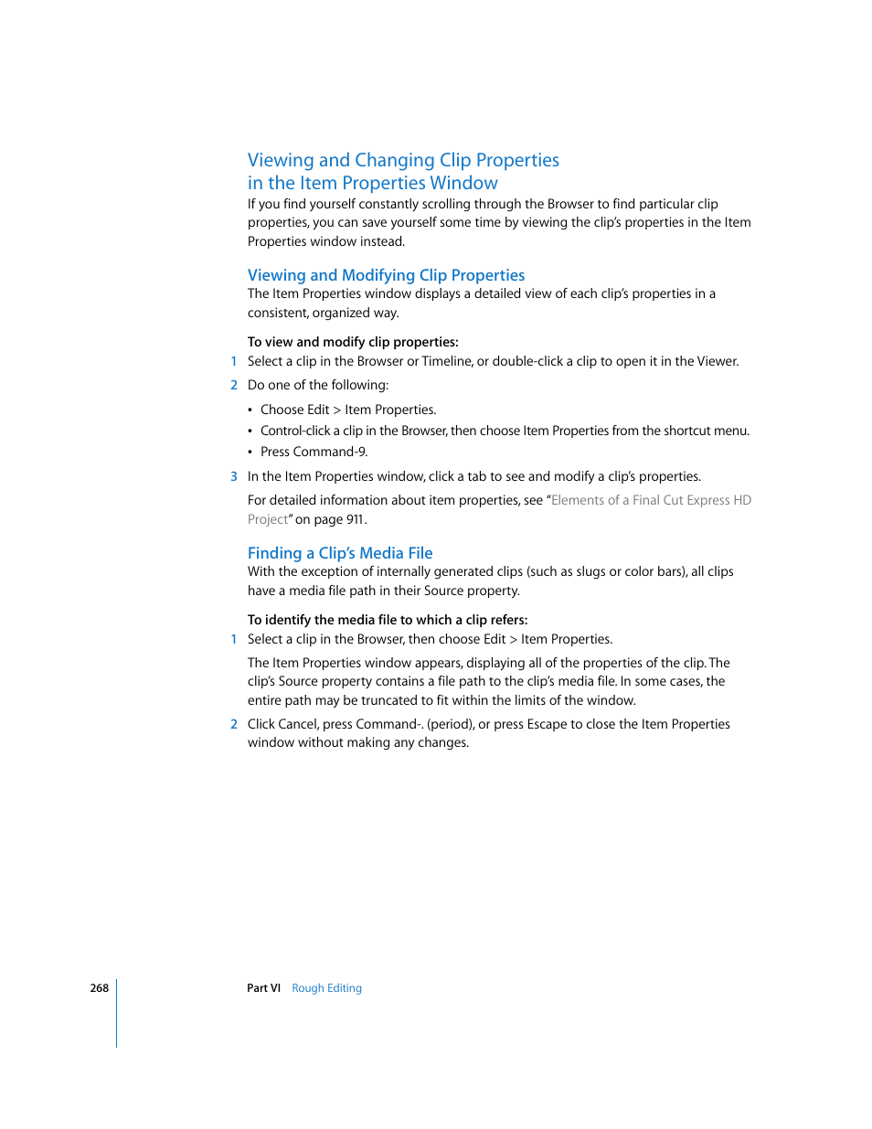 Viewing and modifying clip properties, Finding a clip’s media file, Viewing and changing clip properties | In the item properties window | Apple Final Cut Express HD User Manual | Page 268 / 1153