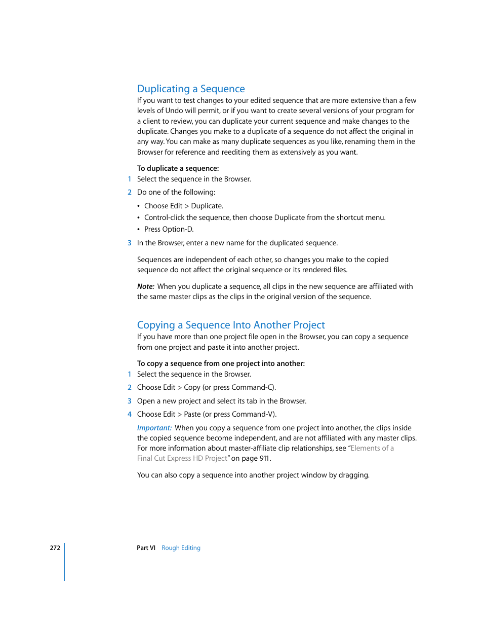 Duplicating a sequence, Copying a sequence into another project | Apple Final Cut Express HD User Manual | Page 272 / 1153