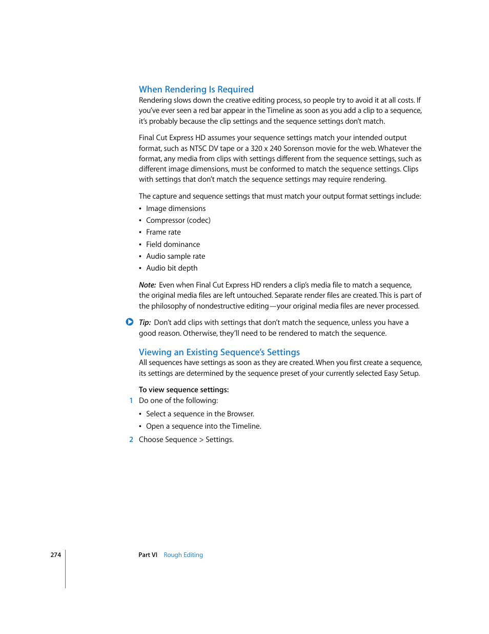 When rendering is required, Viewing an existing sequence’s settings | Apple Final Cut Express HD User Manual | Page 274 / 1153
