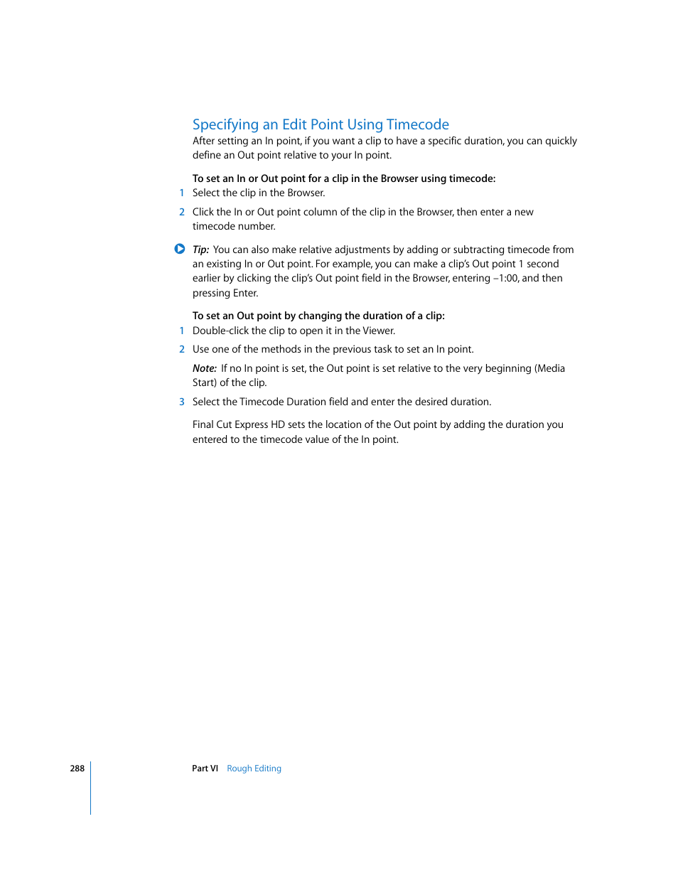 Specifying an edit point using timecode | Apple Final Cut Express HD User Manual | Page 288 / 1153