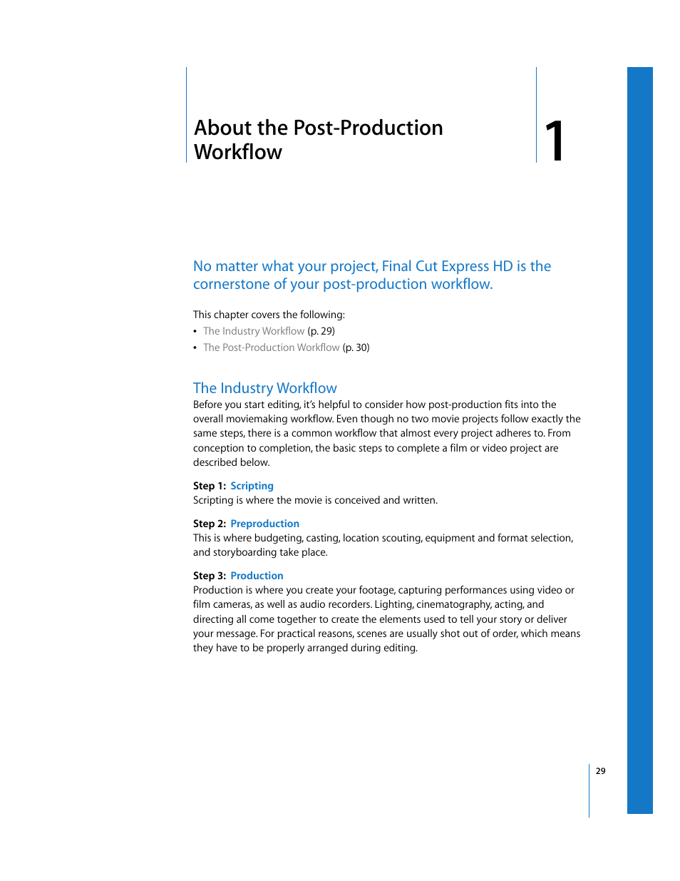 About the post-production workflow, The industry workflow, Chapter 1 | Apple Final Cut Express HD User Manual | Page 29 / 1153