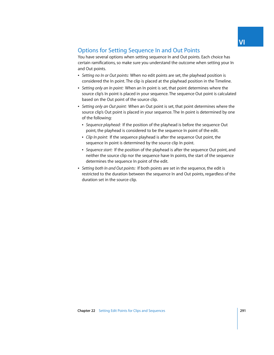 Options for setting sequence in and out points | Apple Final Cut Express HD User Manual | Page 291 / 1153