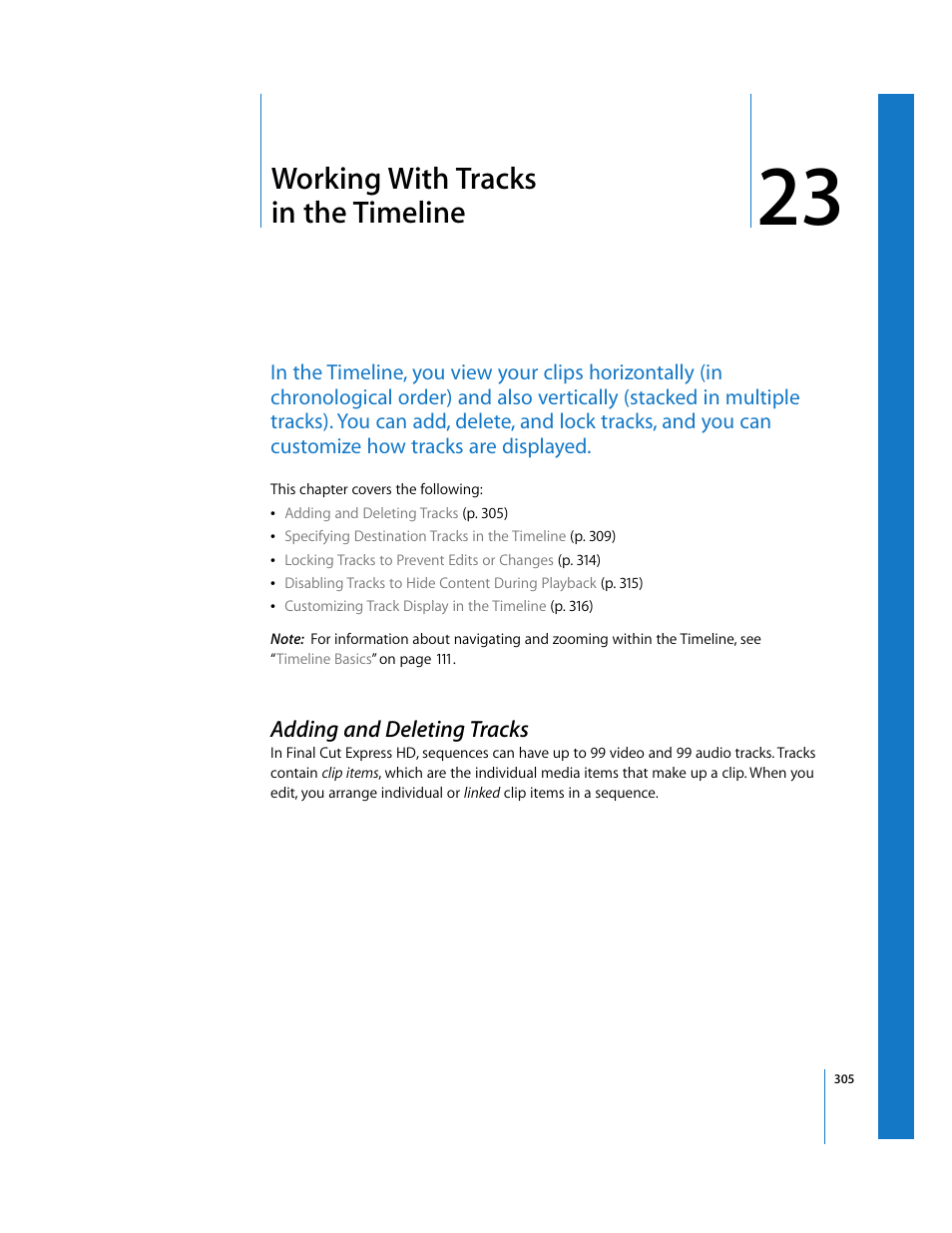 Working with tracks in the timeline, Adding and deleting tracks, Chapter 23 | Apple Final Cut Express HD User Manual | Page 305 / 1153