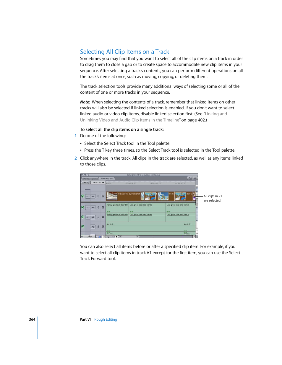 Selecting all clip items on a track | Apple Final Cut Express HD User Manual | Page 364 / 1153