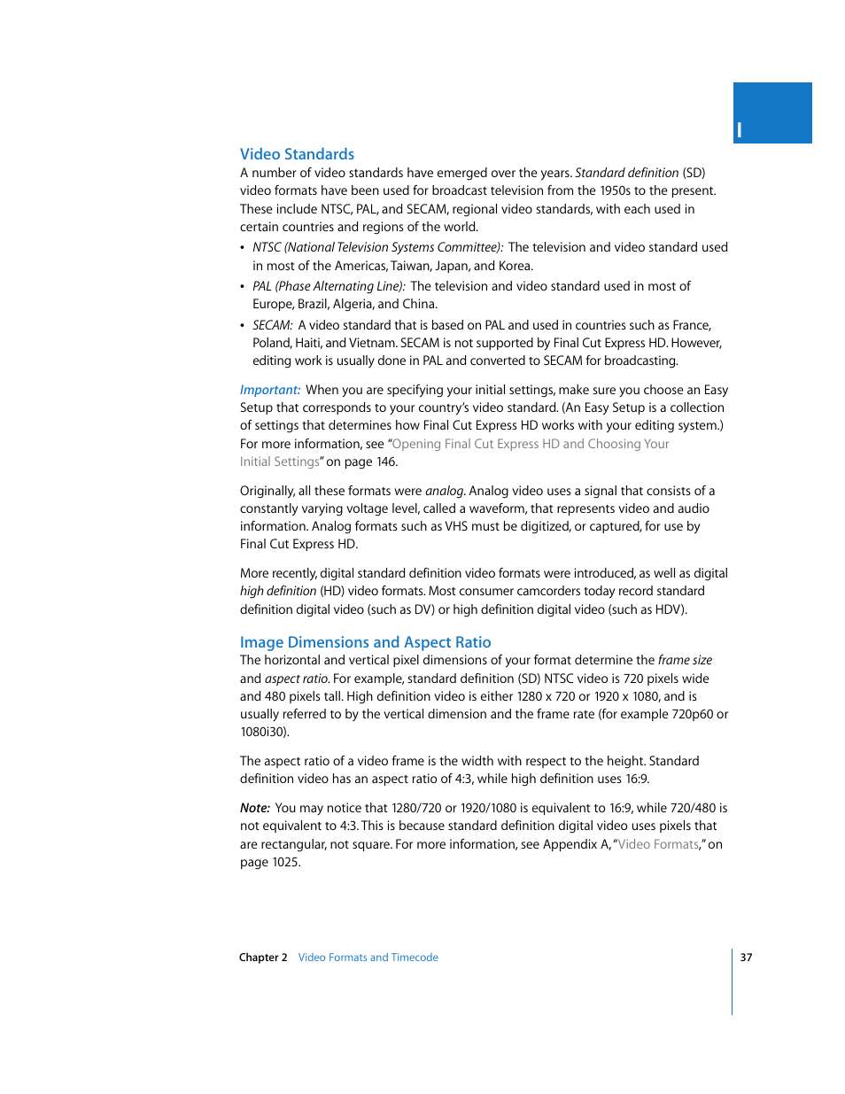 Video standards, Image dimensions and aspect ratio | Apple Final Cut Express HD User Manual | Page 37 / 1153