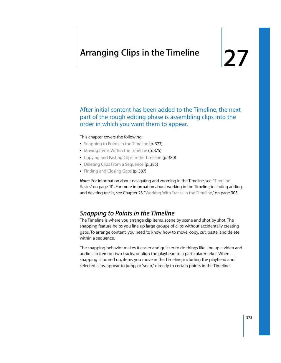 Arranging clips in the timeline, Snapping to points in the timeline, Chapter 27 | Apple Final Cut Express HD User Manual | Page 373 / 1153