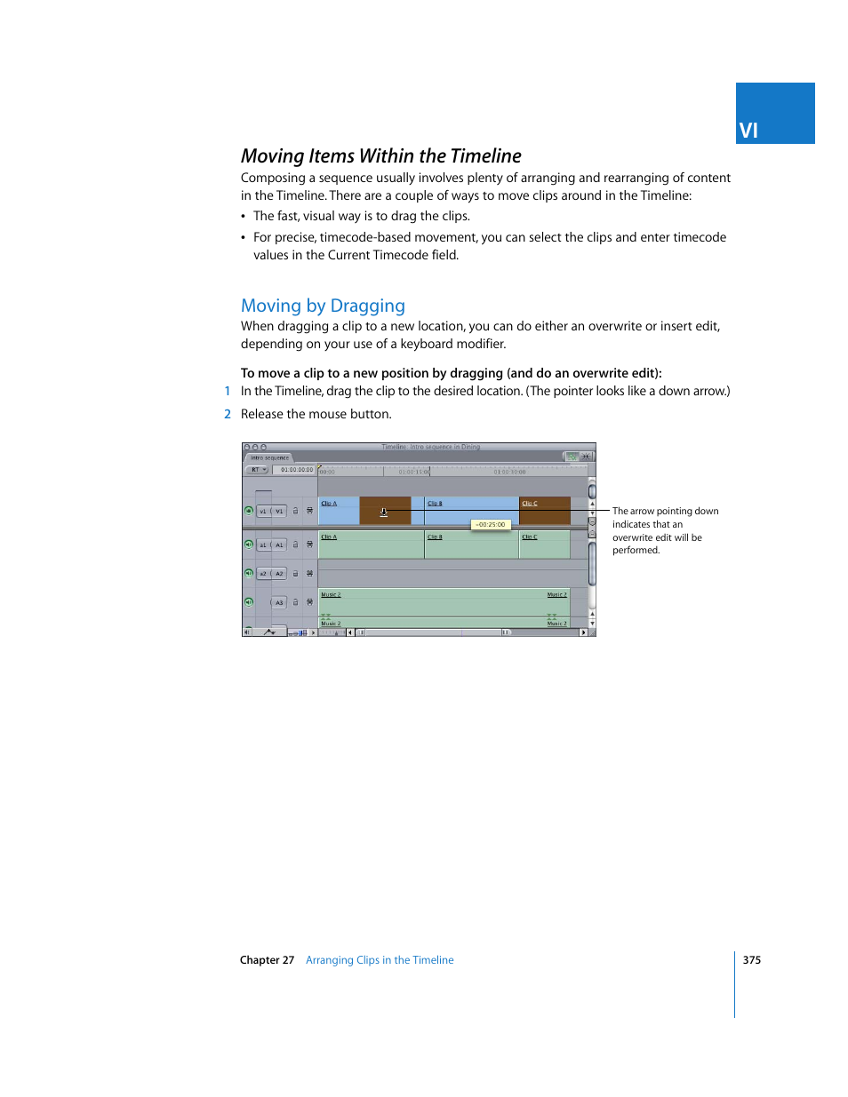 Moving items within the timeline, Moving by dragging, P. 375) | Apple Final Cut Express HD User Manual | Page 375 / 1153