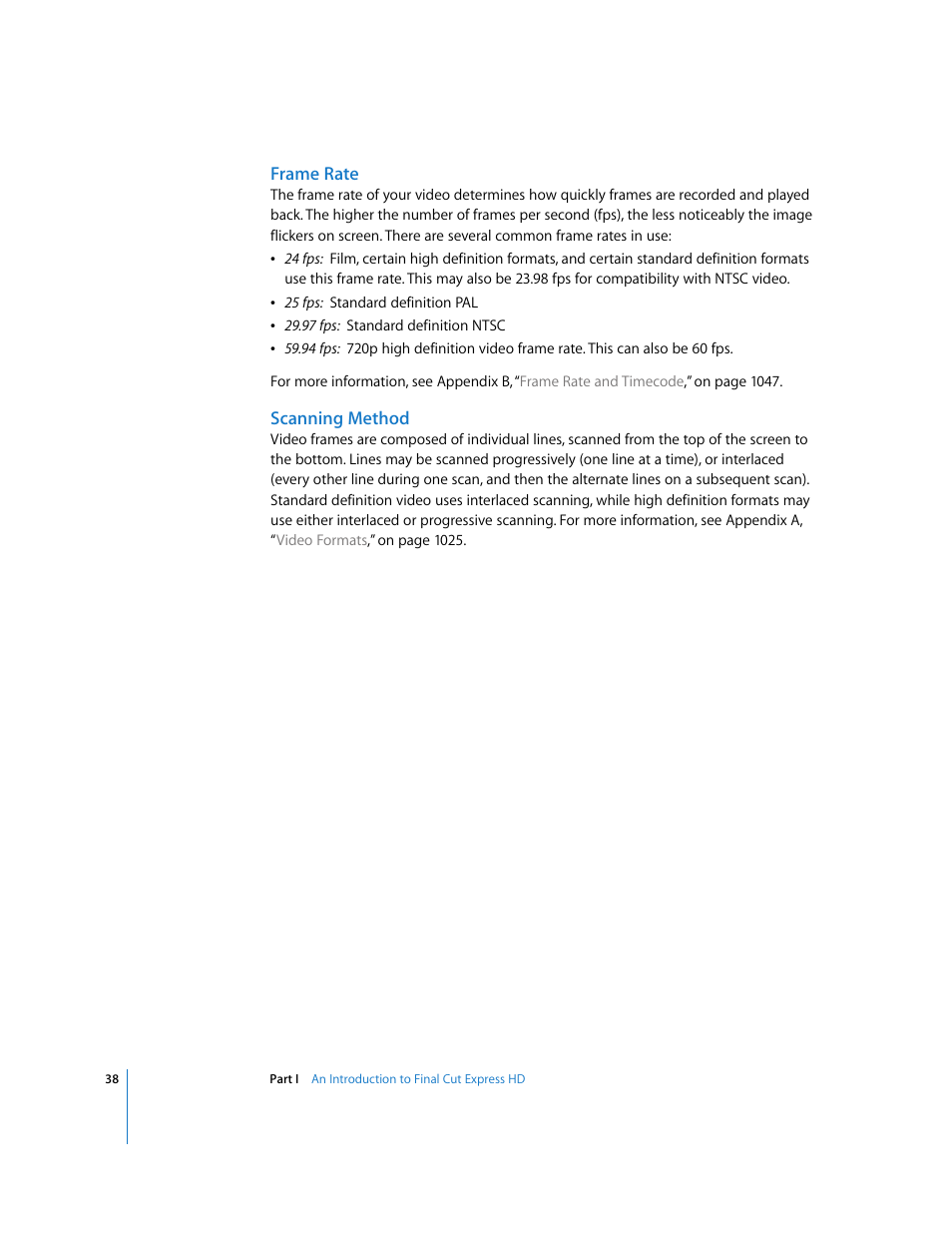 Frame rate, Scanning method | Apple Final Cut Express HD User Manual | Page 38 / 1153