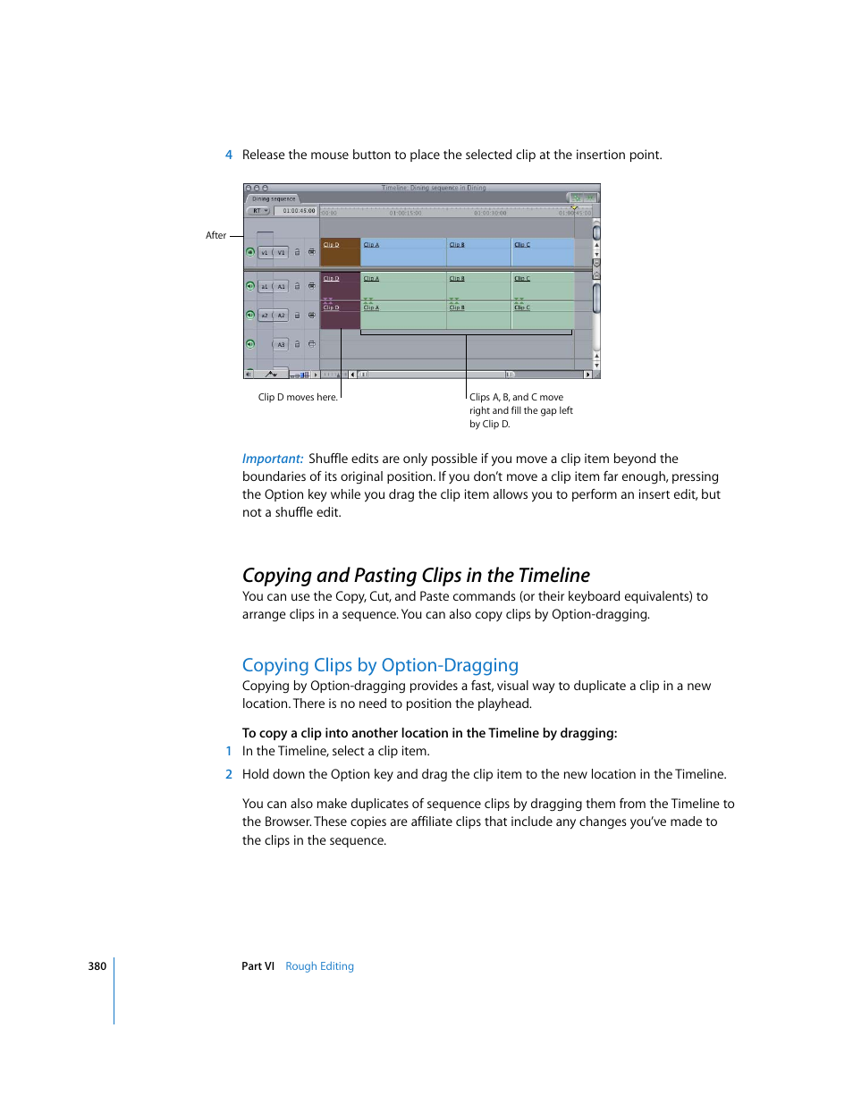 Copying and pasting clips in the timeline, Copying clips by option-dragging, P. 380) | Apple Final Cut Express HD User Manual | Page 380 / 1153