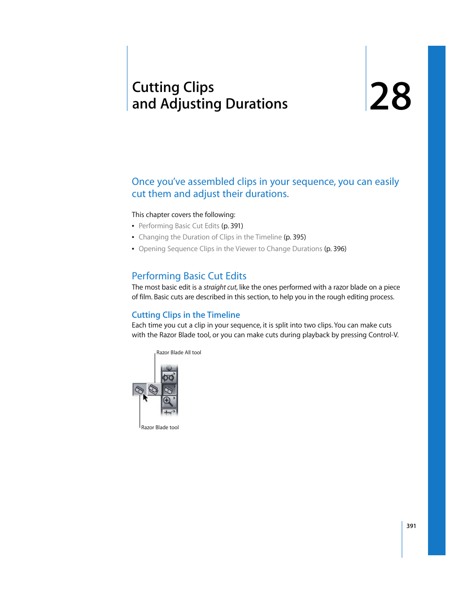 Cutting clips and adjusting durations, Performing basic cut edits, Cutting clips in the timeline | Chapter 28 | Apple Final Cut Express HD User Manual | Page 391 / 1153